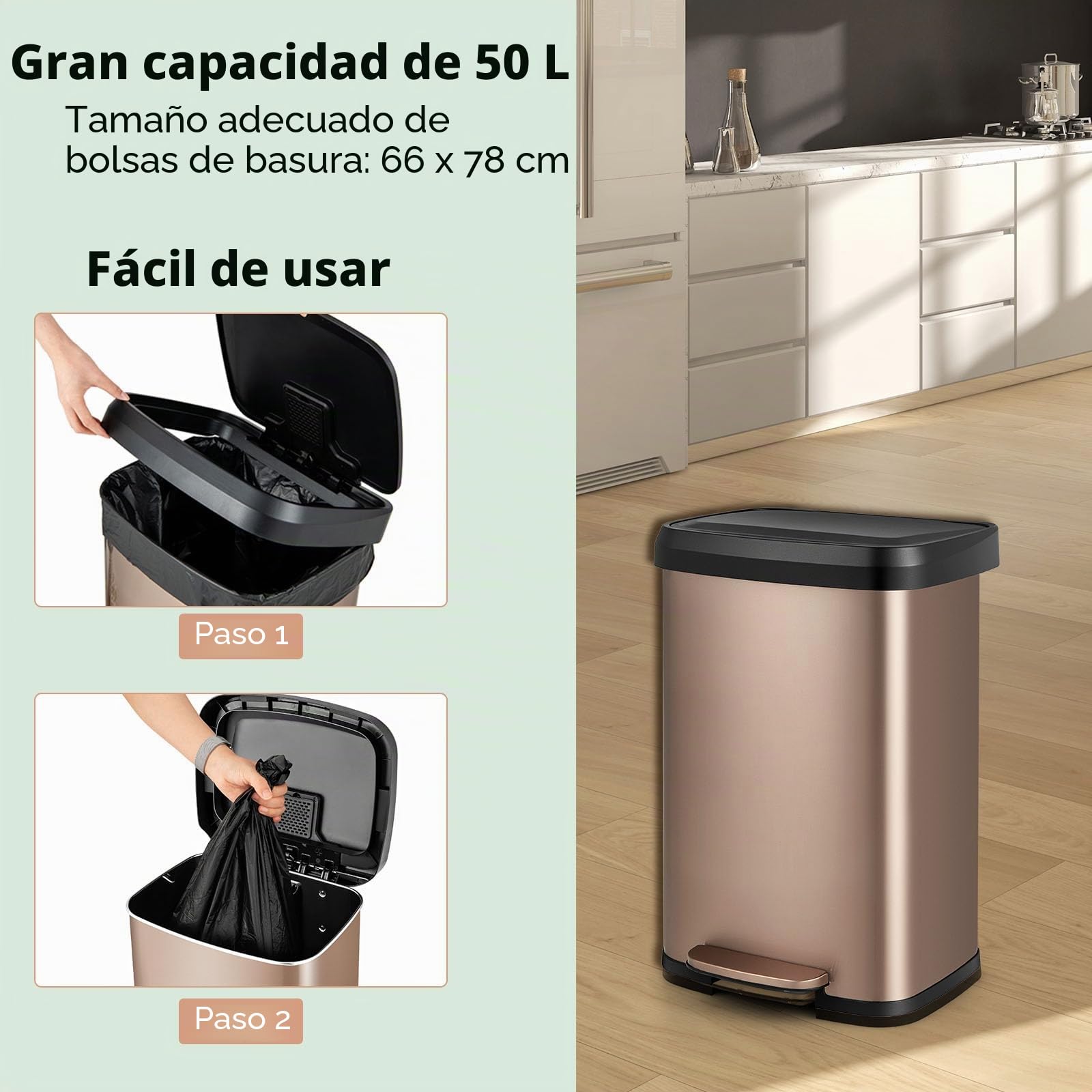 LIFEZEAL Cubo de Basura Rectangular de Acero Inoxidable (50L, Oro) | Cubo de Basura de Cocina con Pedal 50/68L, Caja Antiolor y Tapa de Cierre Suave