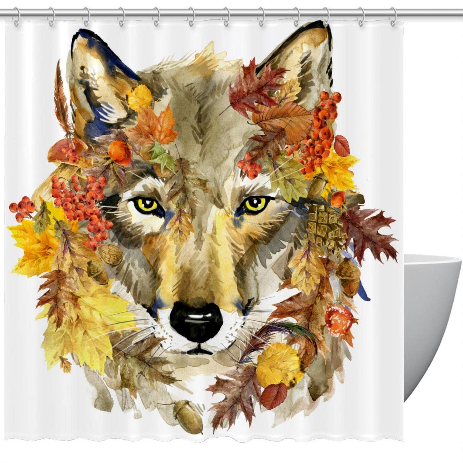 Rideau de douche loup et forêt automnale pour s'évader chaque matin sous la douche