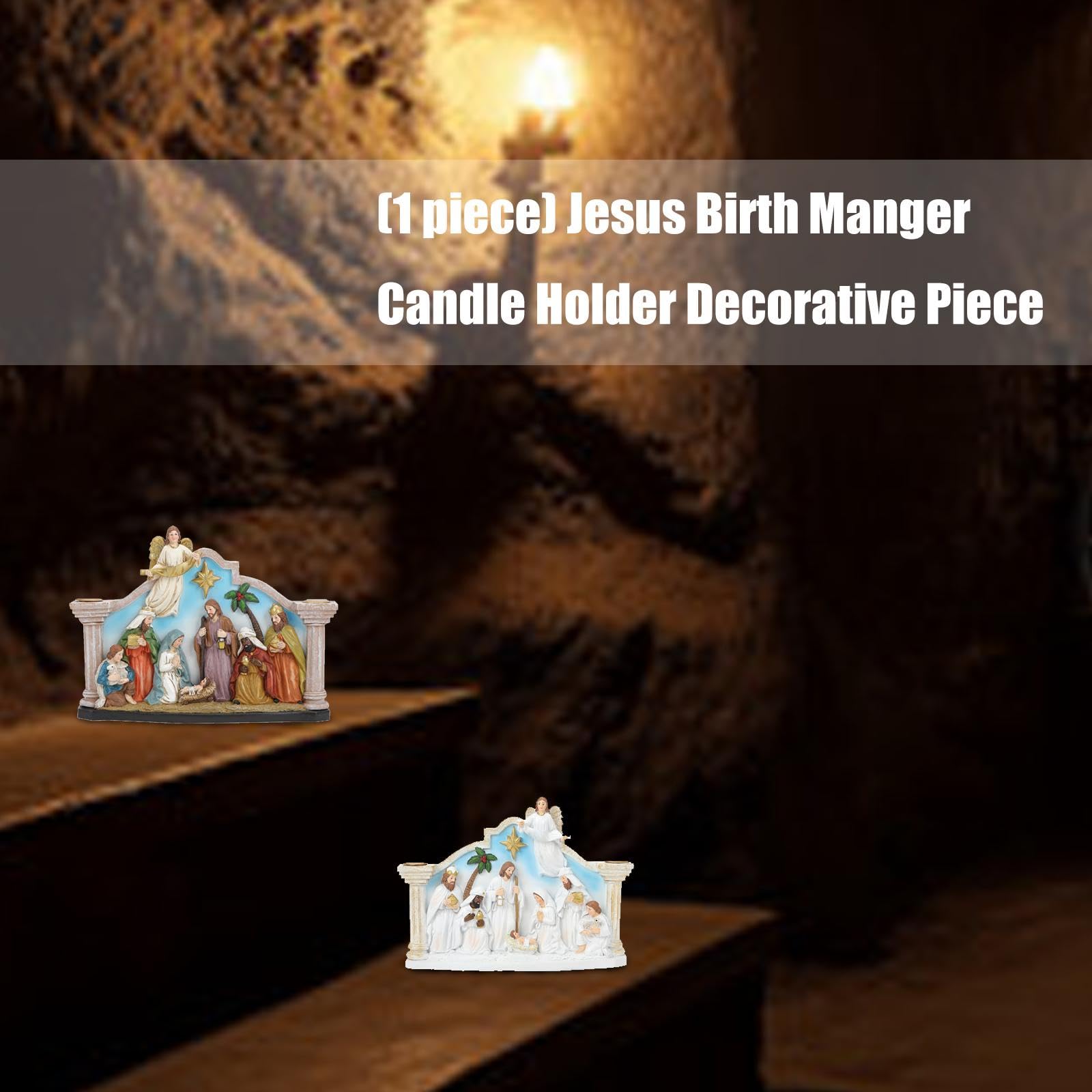 Soporte para belén con figuras de la Sagrada Familia Resina Decoraciones de Adviento de Navidad para vacaciones Regalos de mesa Santa Familia Cuna con Candelabro