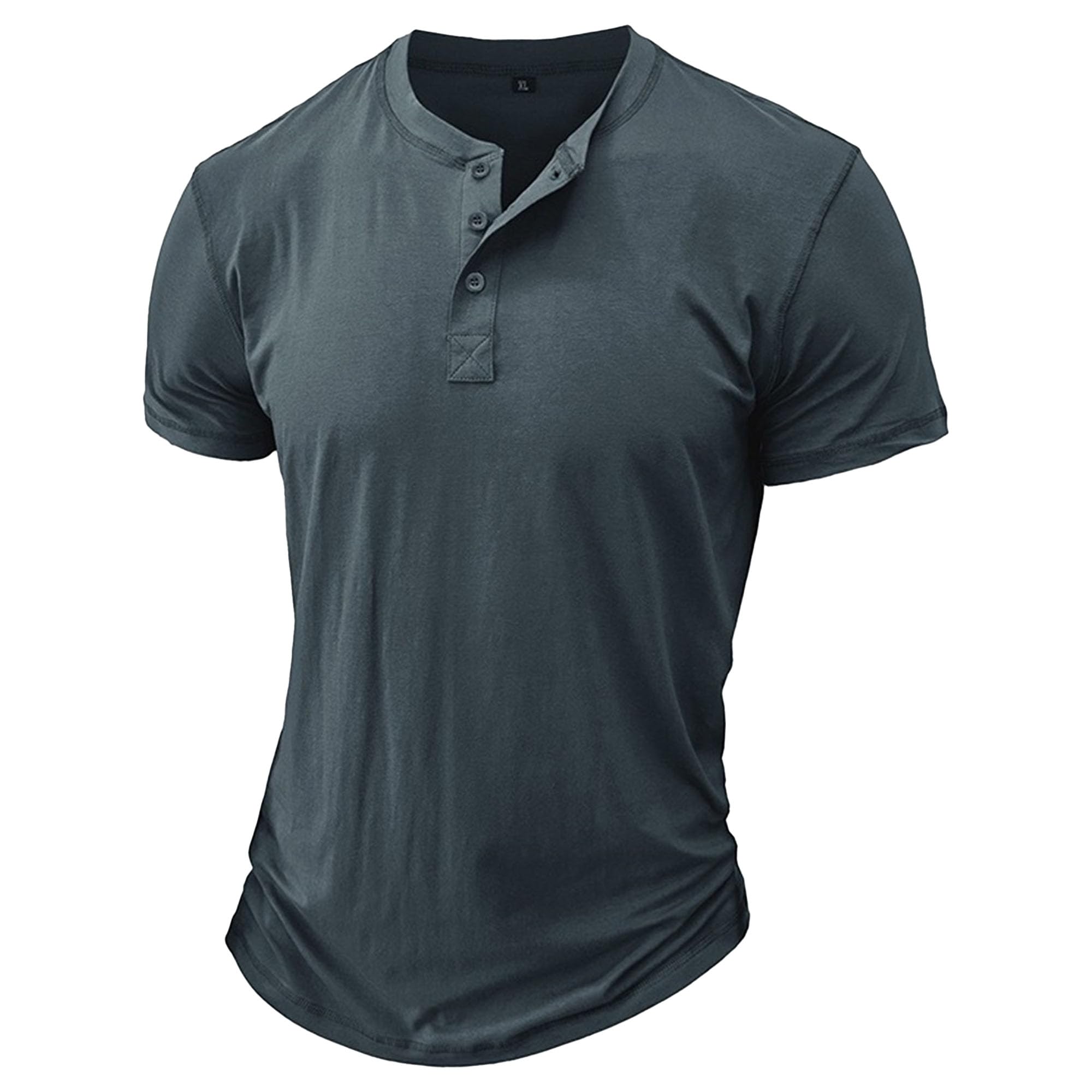 Men Quarter Button Casual Henry Shirt Classic Round Collar Slim Fit Sport T-Shirts Summer Cozy Street Walking Tops (Dark Grey,Medium)
