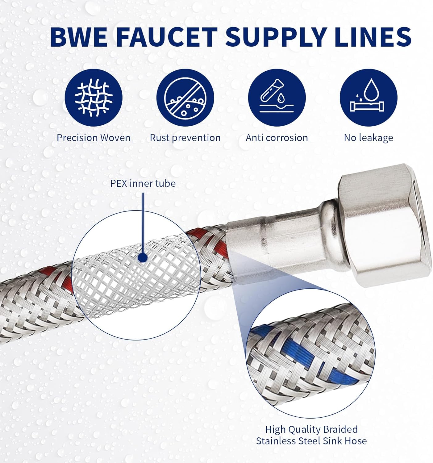 BWE 32-Inch Long Bathroom Kitchen Faucet Connector Braided Stainless Steel Supply Hose 1/2-Inch Female Compression Thread x 2 Pcs (1 Pair)