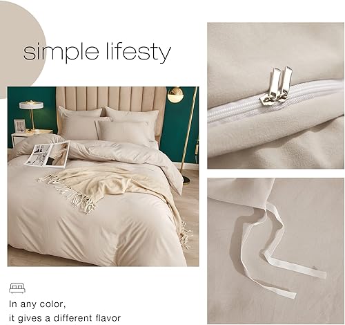 Miniatura 4 de AOJIM Juego de funda de edredón gris beige, funda de edredón 100% microfibra lavada, ligera, suave y cómoda, juego de funda de edredón con 2 fundas