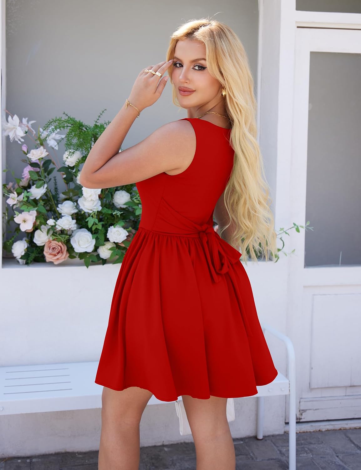 YMDUCH Women's Summer Sleeveless Square Neck A-line Ruffle Hem Mini Tank Dress with Pockets - Image 2