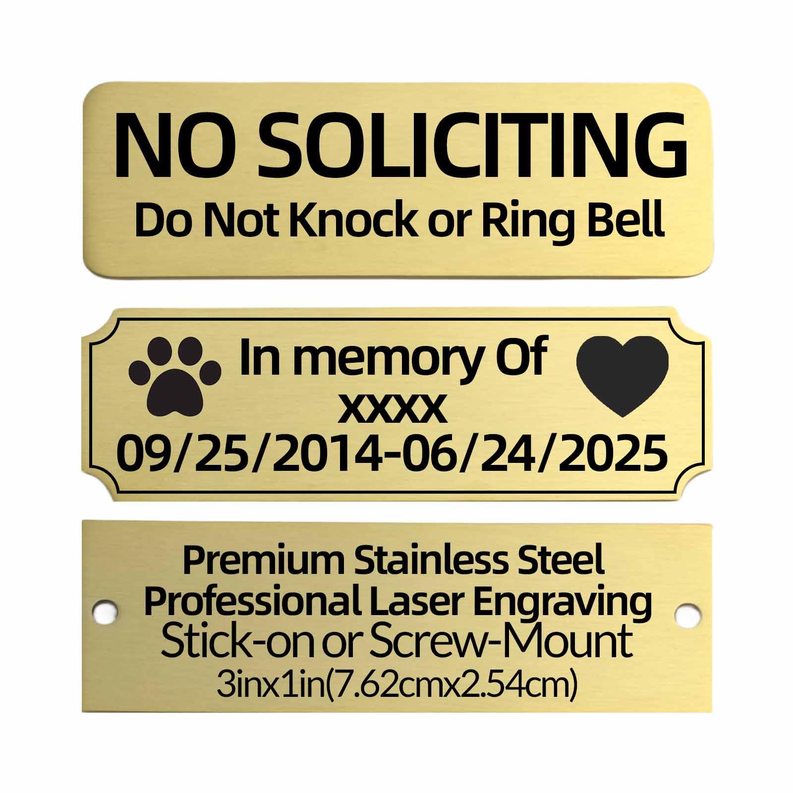 QIPAN Stainless Steel Custom No Soliciting Sign for House,Name Plate,Plaques Personalized Engraved,Do Not Knock or Ring Bell Sign,Custom Text/QR Code/Icon, Self-Adhesive or Screw Mount Signs for Front