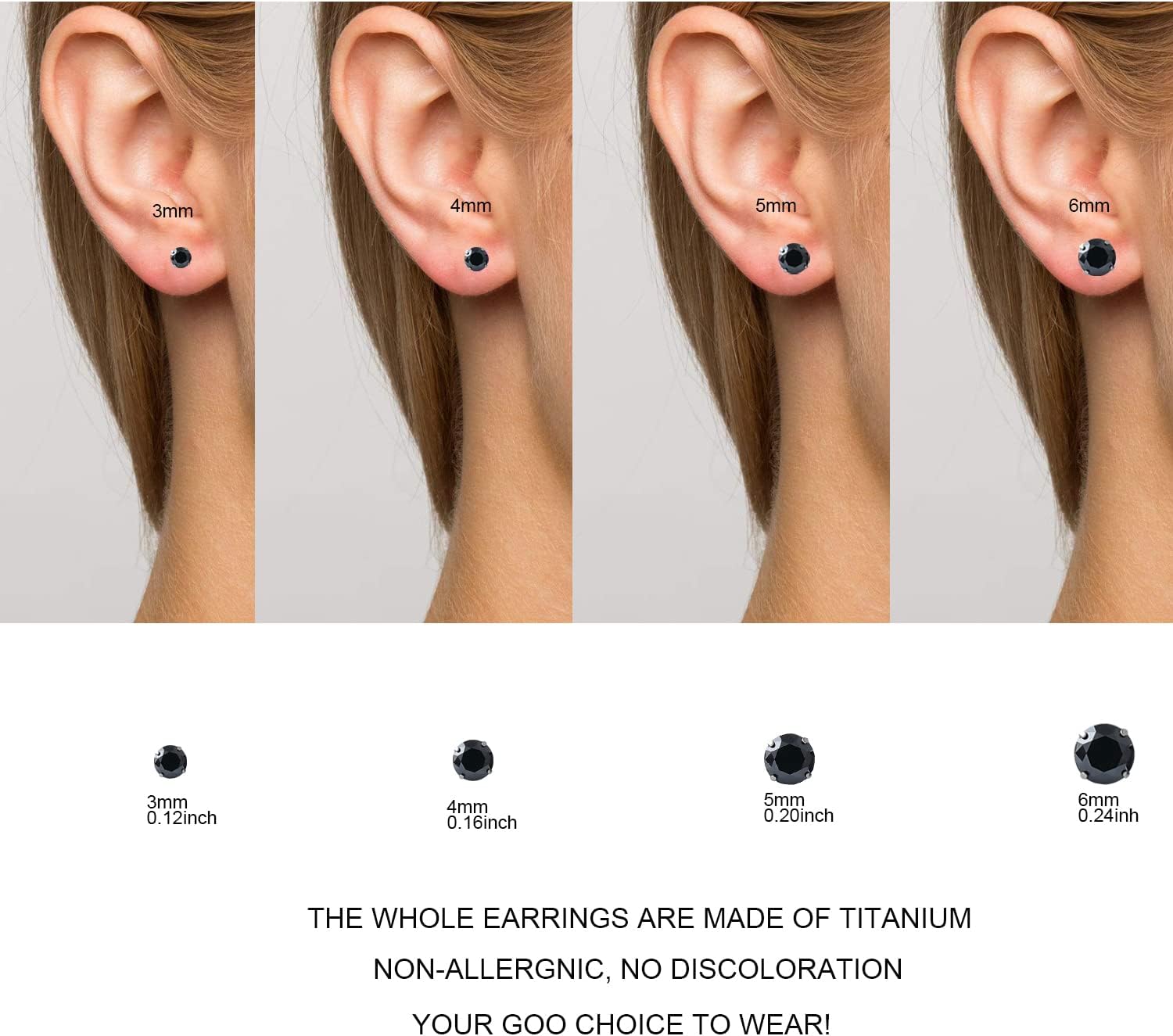 1 Pair Implant Grade Titanium Stud Earrings Set Hypoallergenic 3mm 4mm 5mm 6mm Cubic Zirconia G23 Titanium Earring Studs for Women Men for Sensitive Ear - Image 5