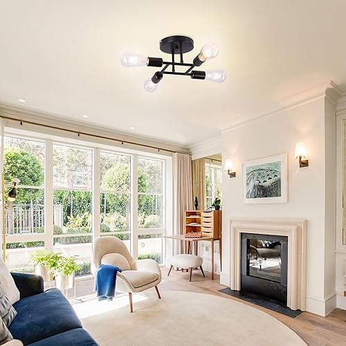 Miniatura 7 de Finktonglan Candelabros Sputnik modernos de 4 luces, color negro, lámpara de techo semiempotrada con base E26 para granja, comedor, pasillo, sala de