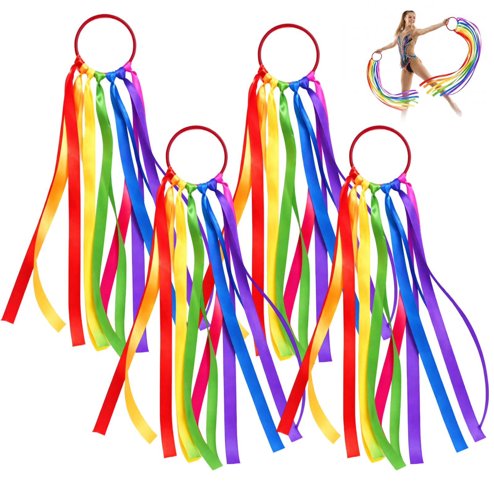 Rainbow Ribbon Dance Ribbons for Children, Coloured Scarves for Sensory Play and Gymnastics, 4-Piece Streamer Set for Dance Equipment and Party Activities, 45 cm Length for Creative Movement Exercises