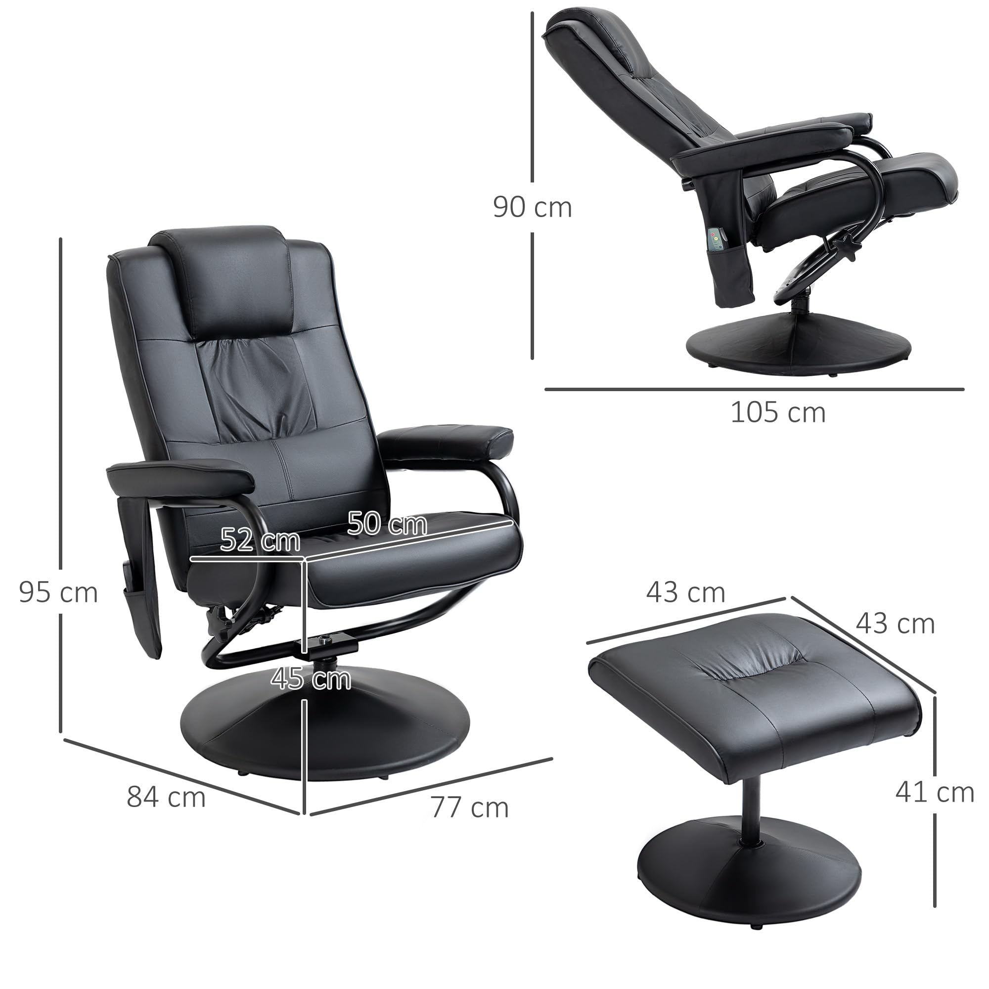 HOMCOM Fauteuil de Massage et Relaxation électrique pivotant inclinable avec Repose-Pied revêtement synthétique Noir