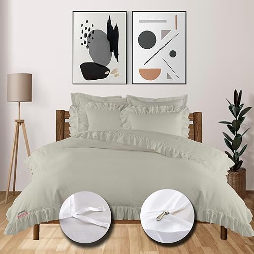 Miniatura 8 de eBeddy Linens Juego de funda de edredón de lujo con borde verde azulado con volantes, tamaño Super King, 108 x 98 pulgadas, algodón egipcio, funda