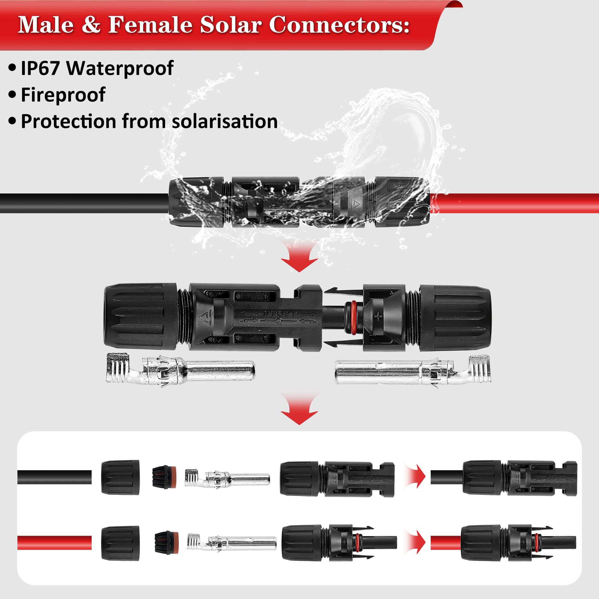Pinza Crimpatrice Solare per Pannello Solare da 2,5/4/6 mm², con 10 paio di Connettori Solare maschio/femmina, 2 Chiave, Crimpatrice Capicorda, Per il gruppo di cavi del pannello solare