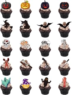 20 Pcs Halloween Cake Toppers, Bat Black Cat Pumpkin Cupcake Toppers, Cake Decorations for Halloween Party, Theme Party
