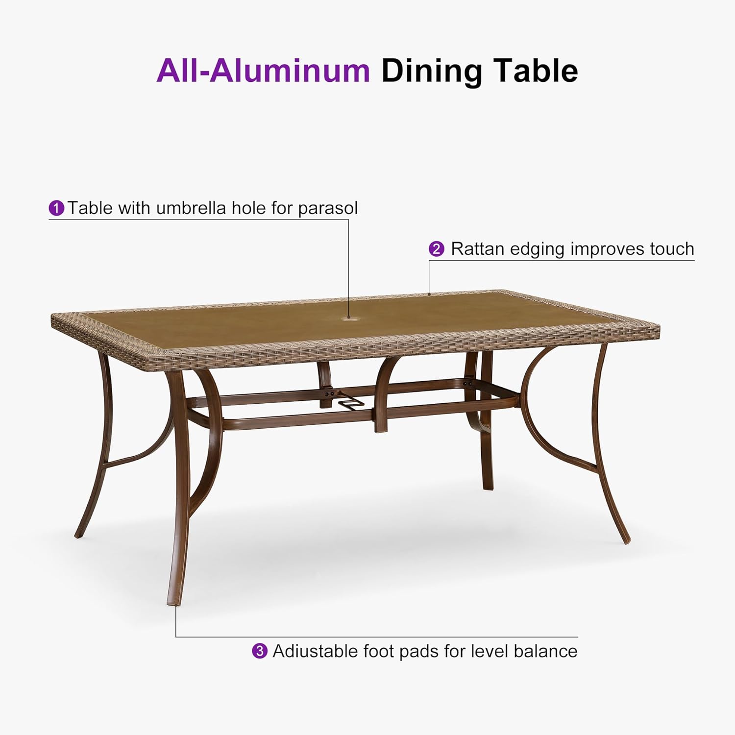 PURPLE LEAF Outdoor Dining Set for 6 All Weather Wicker Patio Dining Set with Hand-Woven Rattan Swivel Dining Chais and Rectangular Aluminum Table for Garden Deck Backyard Kitchen