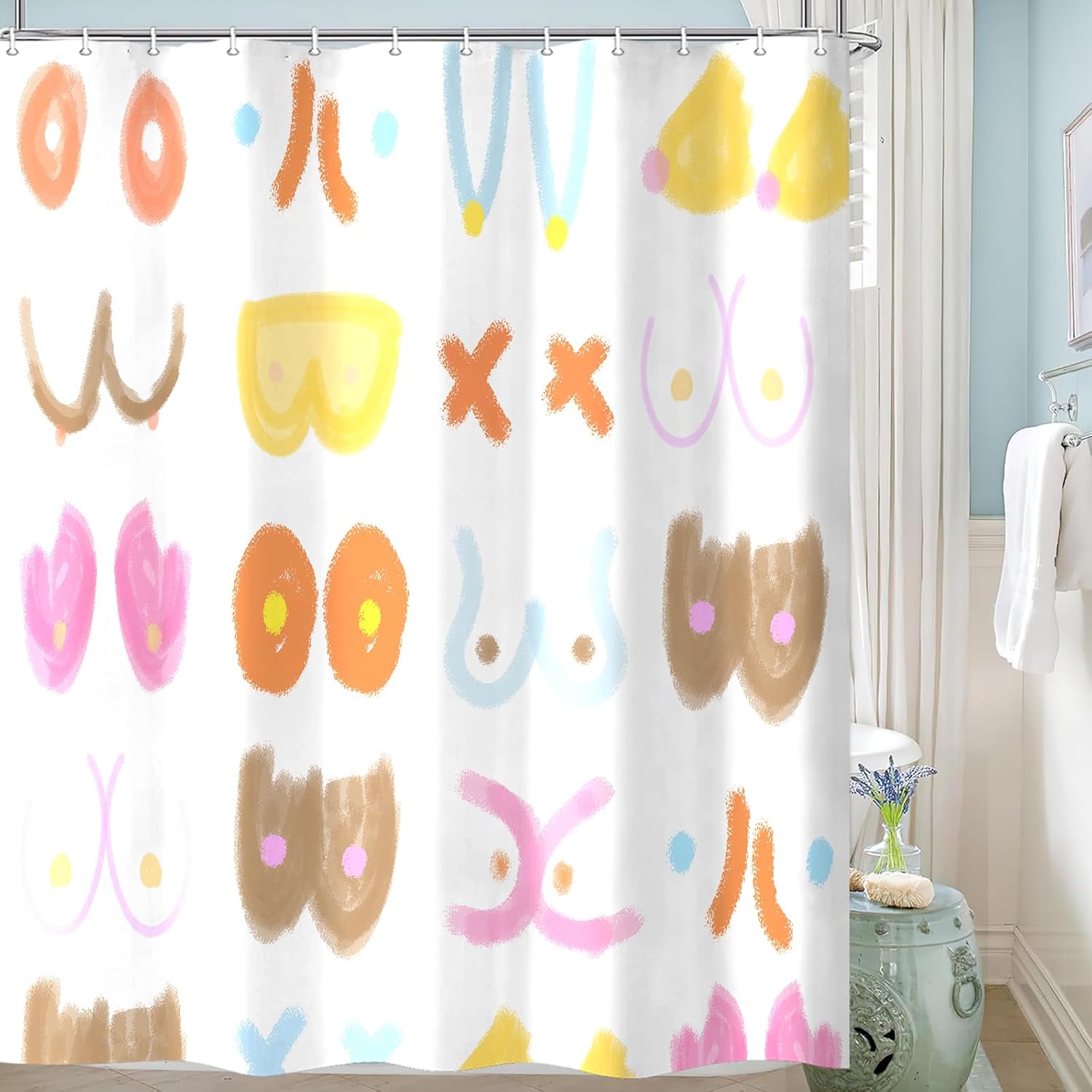 Funny Boobs Shower Curtain, Fun Funky Boobie Body Shower Curtain Set for Adults Bathroom, Colorful Nude Female Fabric Shower Curtain Restroom Bathtub Decor Accessories with Hooks 69X 75 inch
