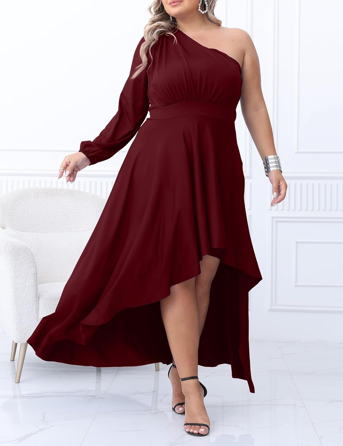 Ekaliy Women's Plus Size One Shoulder Maxi Dress Long Sleeve High Low Irregular Hem Flowy Long Party Cocktail Dress - Image 3