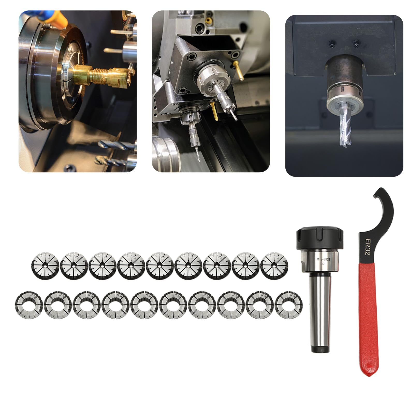 MT3 ER32 zestaw tulei zaciskowych 18-częściowy 2-20 mm 0,015 mm precyzja twardości 40-50HRC aluminiowa walizka ząbkowana konstrukcja M12 gwint frezarka tokarka wiertarka uchwyt narzędziowy przemysłowy