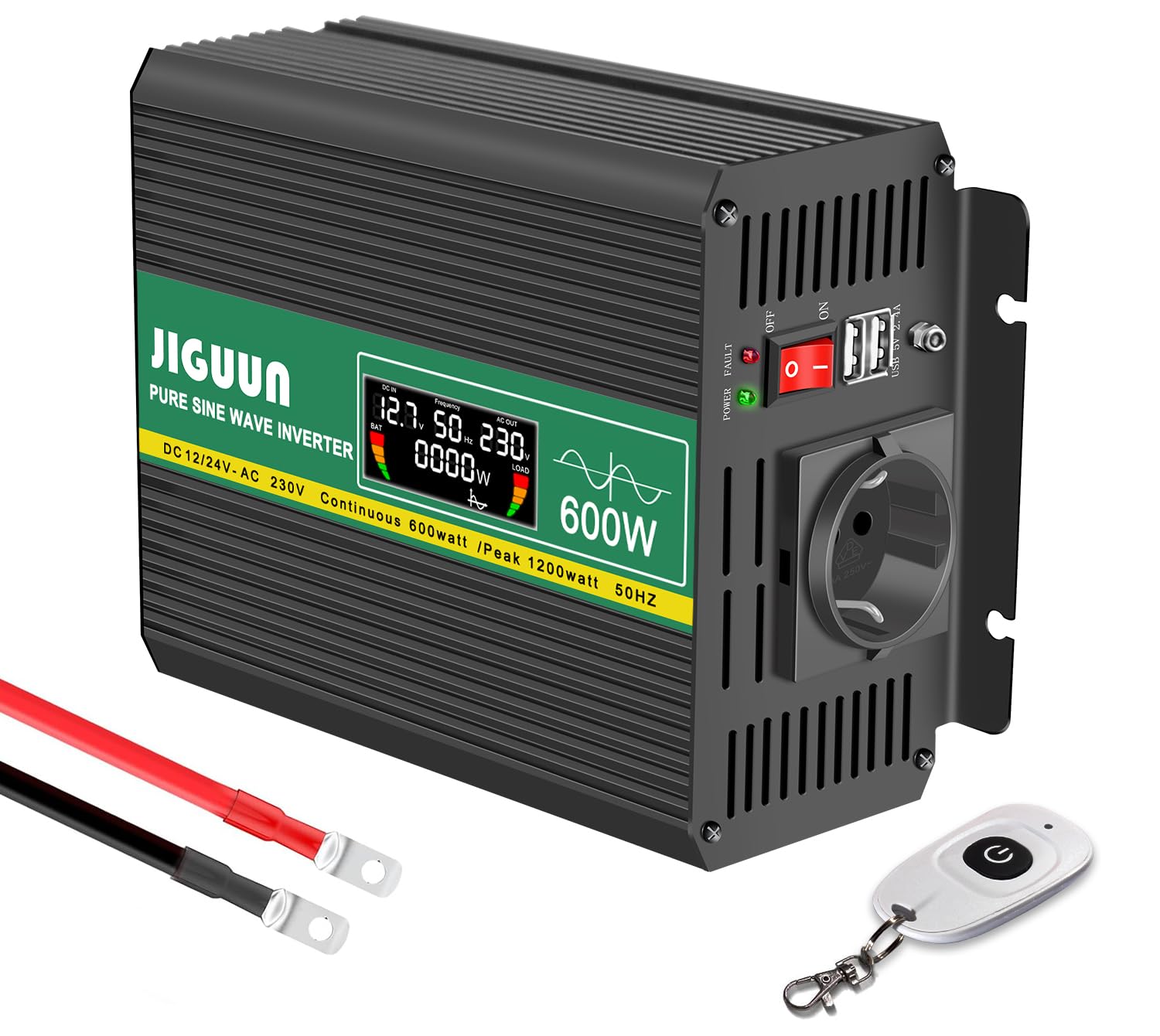 JIGUUN Przetwornica napięcia 600 W, czysta sinusoidalna, 12 V, 230 V, z gniazdem UE i 2 wyjściami USB 2,1 A, bezprzewodowy pilot zdalnego sterowania i wyświetlacz LCD, moc szczytowa 1200 W (600 W12 V)