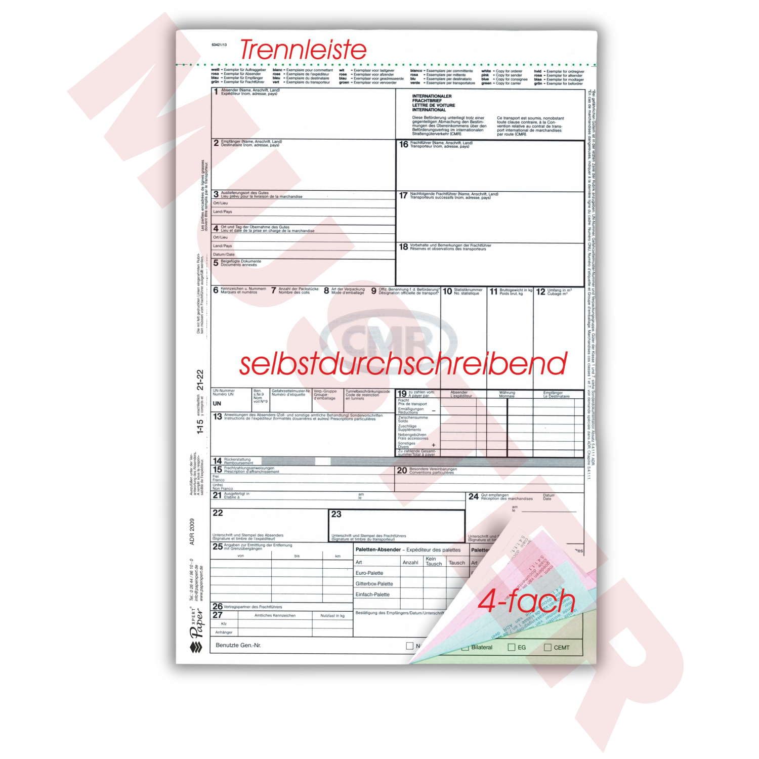 CMR Lot de 50 lettres de fret autocopiantes 4 voies pour le transport international de marchandises - Qualité supérieure - Conforme à la norme ADR - Fabriqué en Allemagne