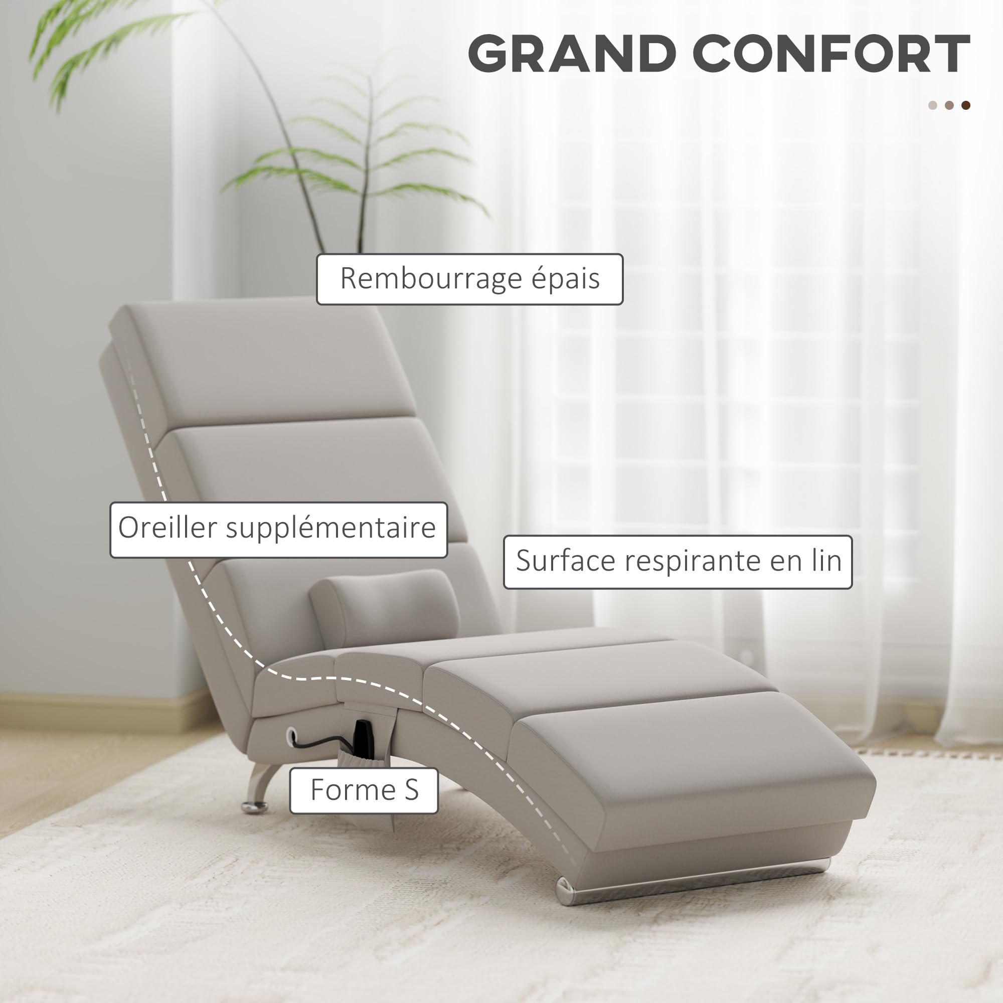 HOMCOM Sillón de Masaje y Calefacción Lounge Chaise Longue Reclinable con Mando a Distancia y Almohada para Dormitorio y Salón, Tejido Efecto Lino Crema | Meridienne, chaise longue de interior, almohada, mando a distancia, para dormitorio, sala de estar