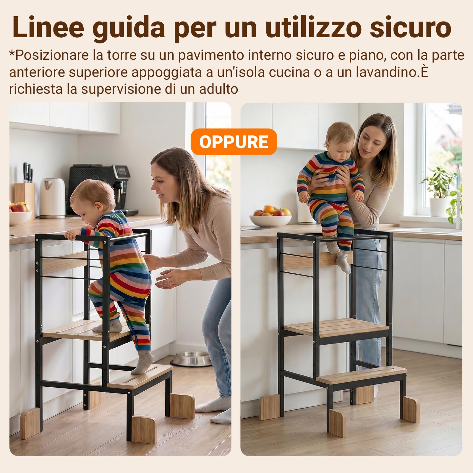 COSYLAND Torre Educativa Bambini, 18 mesi-6 anni, L, Nero Naturale | Piattaforma regolabile che cresce con il bambino, gradini antiscivolo, adatta da 18 mesi-6 anni