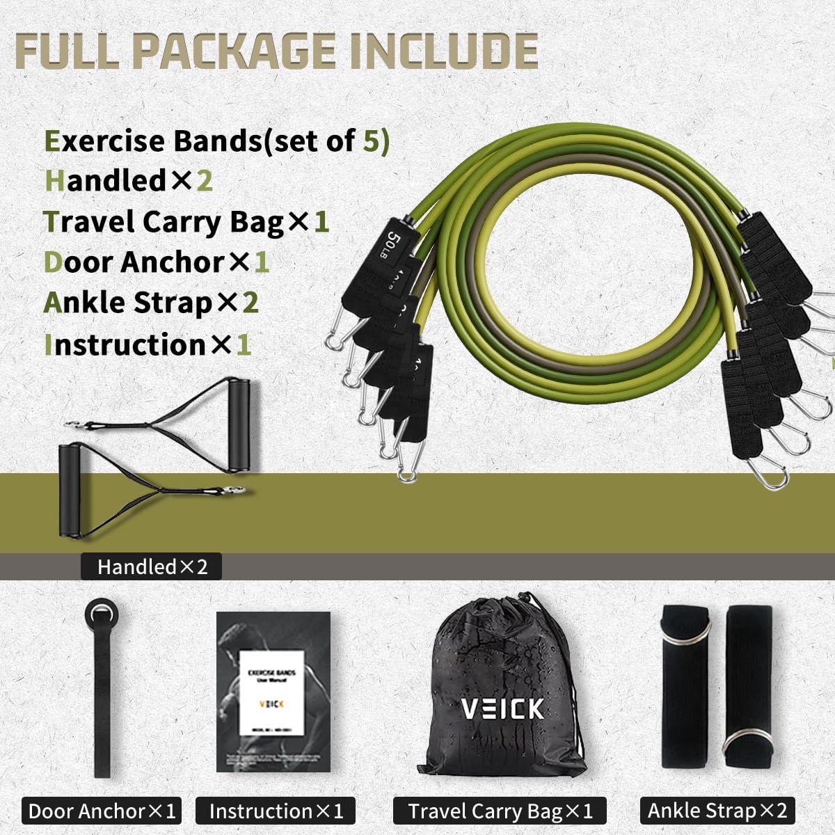 VEICK Bandes de résistance, bandes d'exercice, bandes de résistance pour entraînement avec poignées pour homme et femme, bandes d'exercice pour fitness poids entraînement à la maison