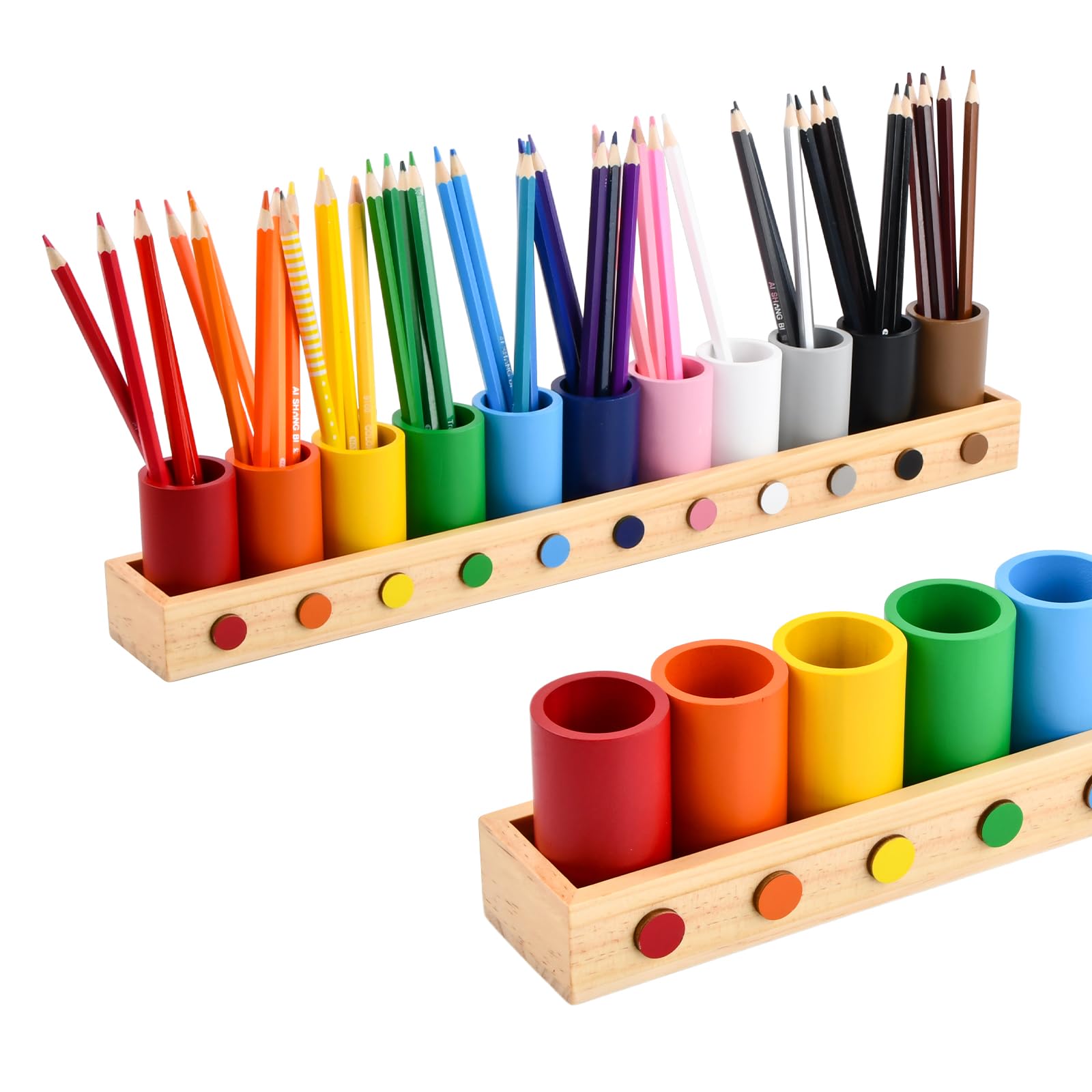 Portamatite Colorate in Legno, 46x5,8x8 cm Grande Capacità Portapenne Legno, 11 Colori Porta Penne per Matite Colorate, Wooden Pencil Holder Pencil Pot, portapenne da Scrivania per Uffici Scuola Casa