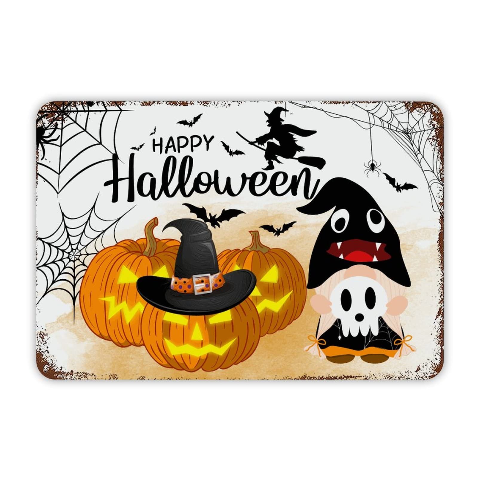 ENEDNATE Farmhouse Rustic Aluminum Sign Happy Halloween Gnome Pumpkins Metal Sign Retro Aluminum Tin Sign for Kitchen Bedroom Living Room Wall Art Door Hanger Home Decor Sign 8x12 Inch
