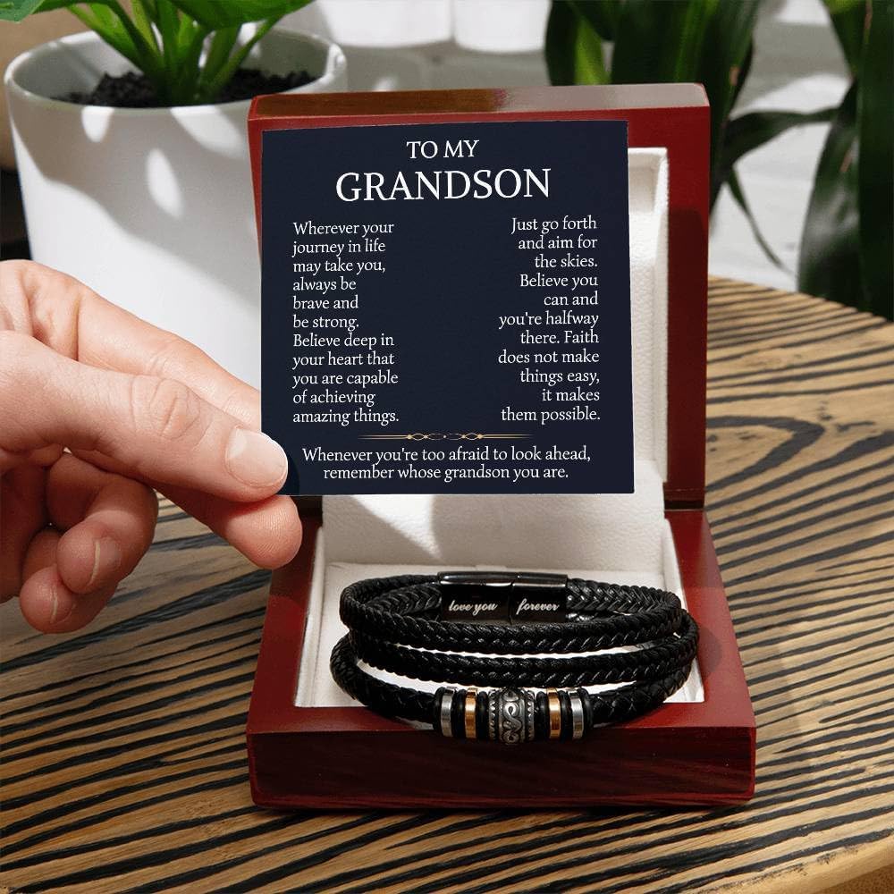 To My GrandSon Bracelet, Gift From Grandpa Grandma Bracelet for GrandSon with Personalized Message, Birthday Gift with Card and Box Custom Message Card