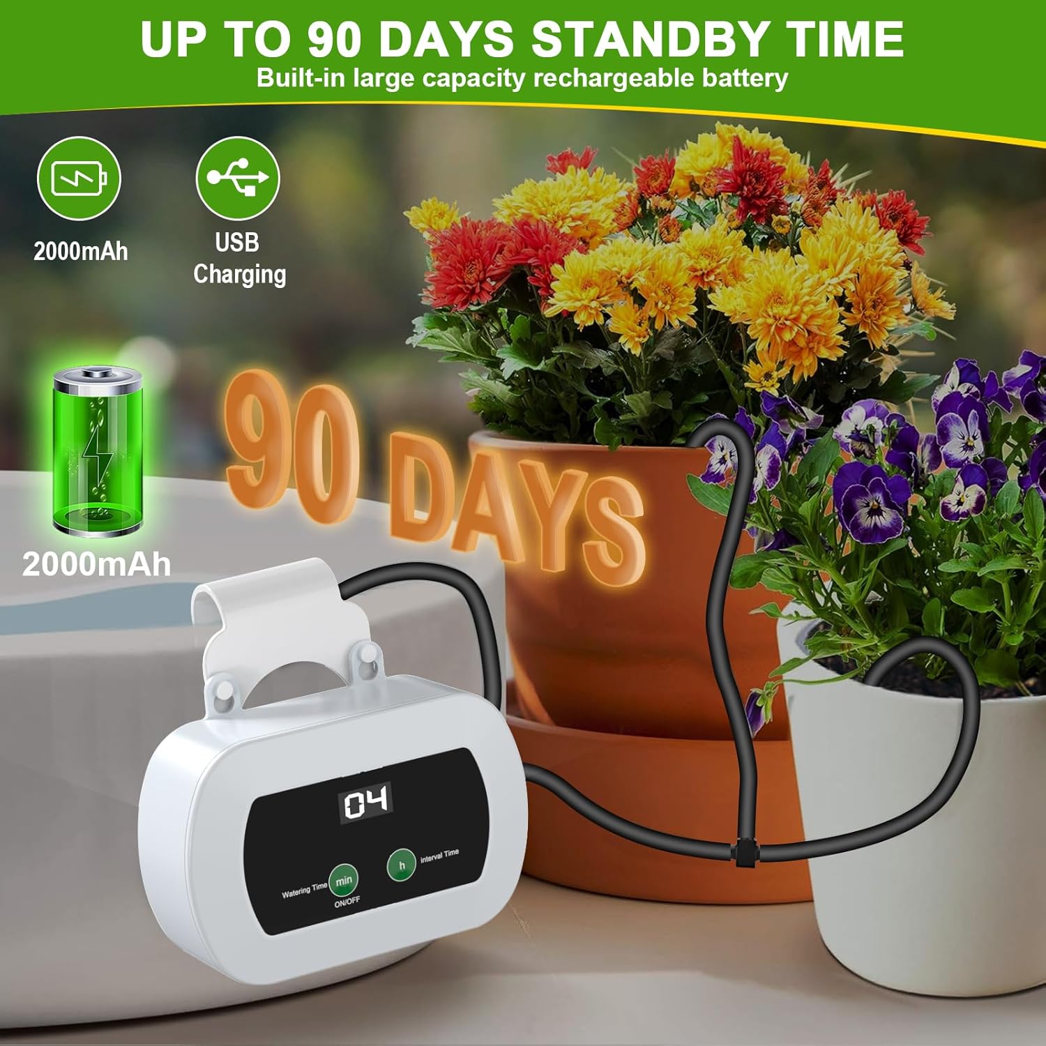 Srygery Drip Irrigation System highlighting 90 days standby time
