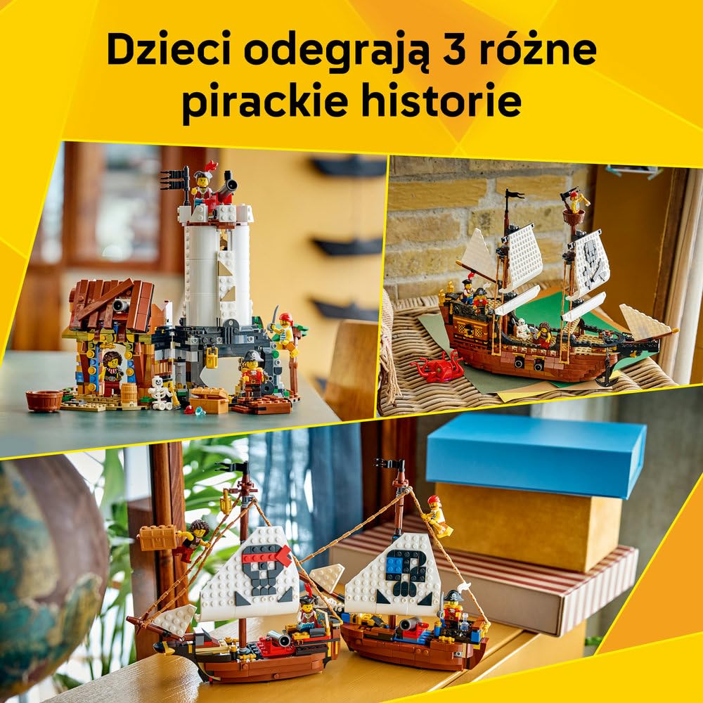LEGO Creator 3 w 1 Legendarny statek piracki, zabawka konstrukcyjna dla chłopca lub dziewczynki, możliwość przebudowania na zamek lub bliźniacze statki, prezent dla dzieci w wieku od 9 lat 31387