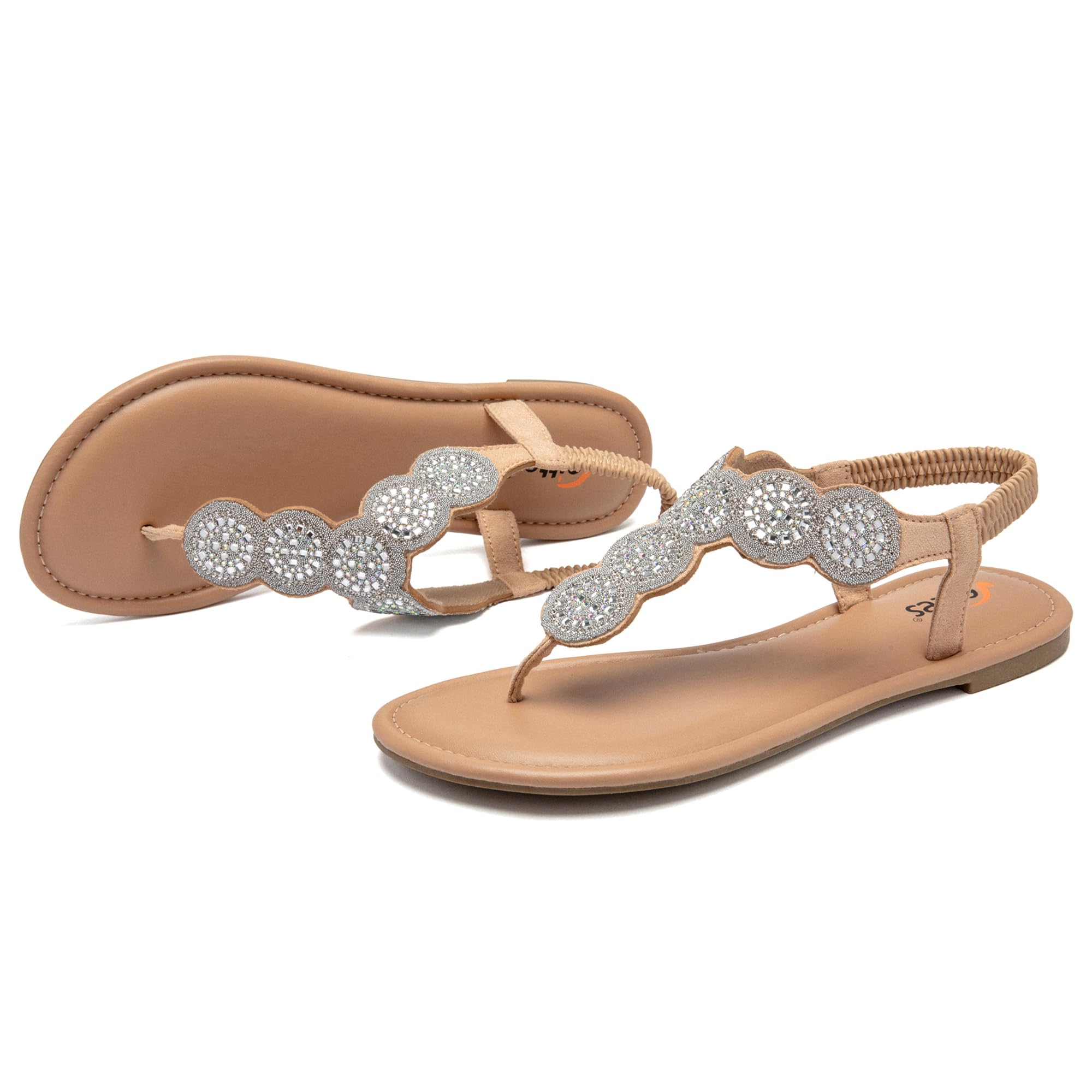 Veittes sandales boho plates pour femmes -Sandales élégantes et confortables à bride élastique arrière, à sabot ouvert sandales tong d’été avec strass et sangle de cheville