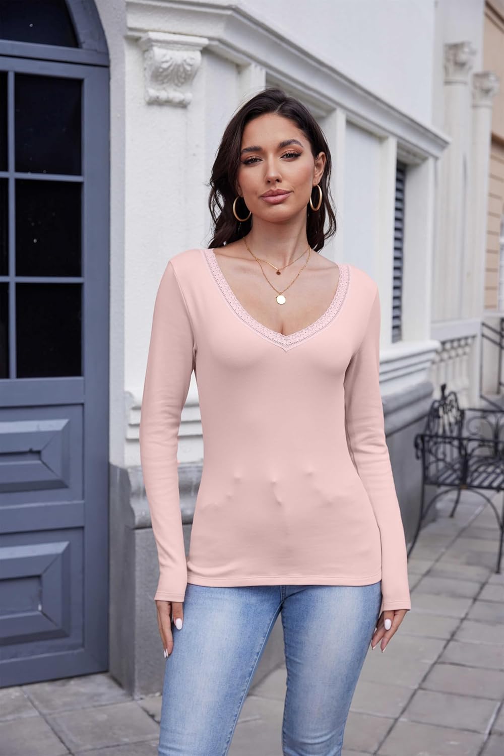 TAIPOVE Thermal Long Sleeve Women Fleece Lined Slim Fit Undershirts Cotton Lace V Neck Lightweight Base Layer Casual Top - Image 4