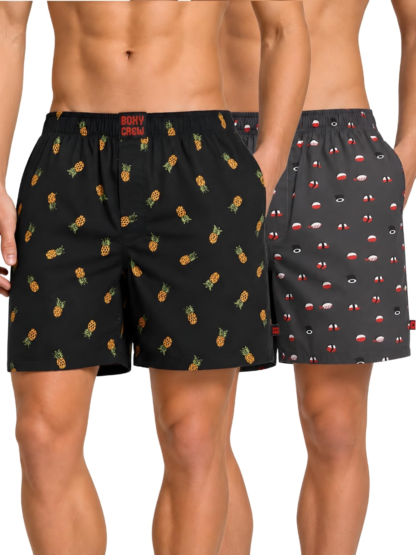 Men Boxer Shorts Pack of 2, 100% Cotton Woven Boxers, Charcoal Combo, Printed Designs, Dual Side Pockets, No-Marks Inner Elastic Waistband, Relaxed Fit Lounge & Sleep Shorts-image-36