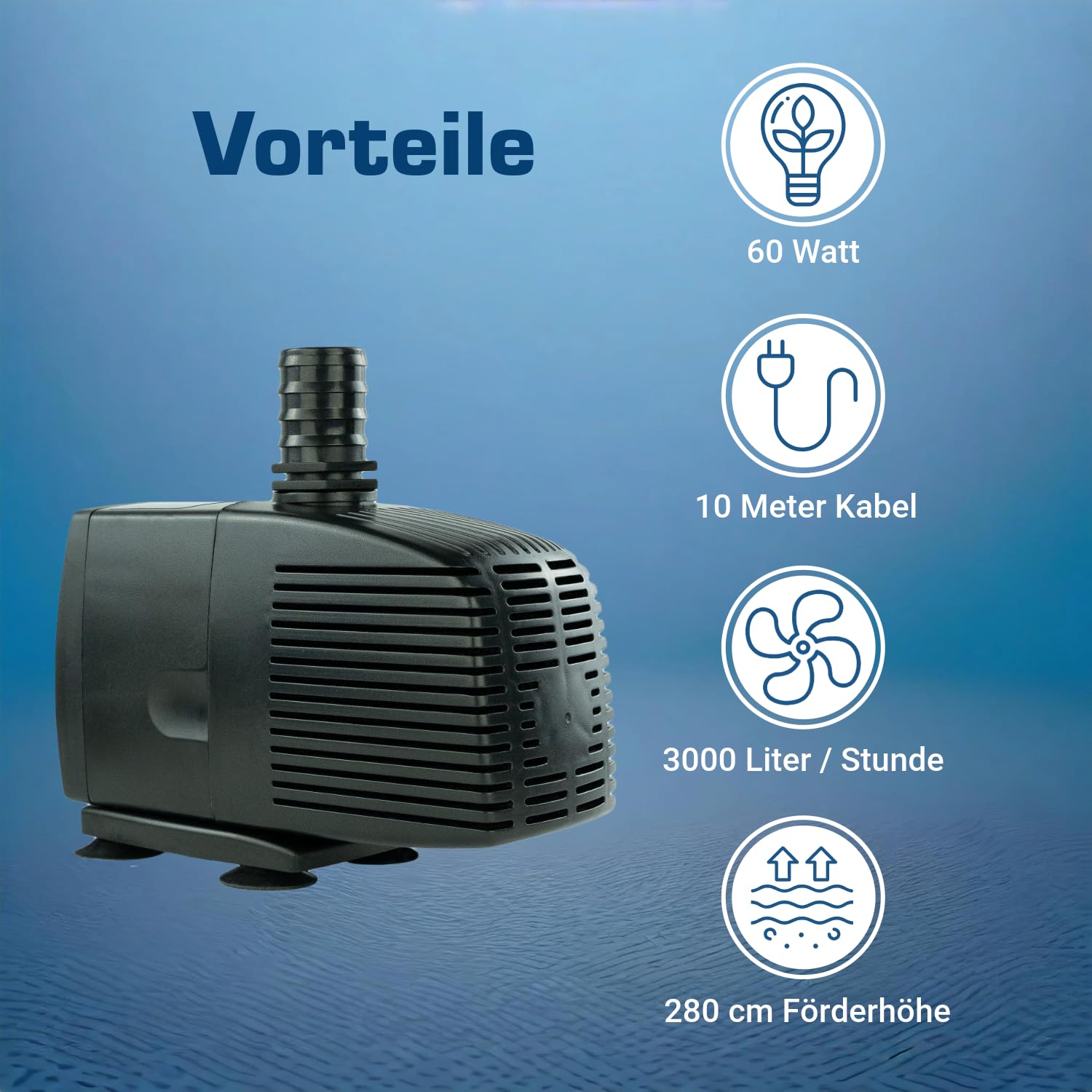 Teichpumpe 230 V – 3.000 L/H, 10m Kabel, 280 cm Förderhöhe, 60 Watt, Wasserpumpe, Bachlaufpumpe, Wasserspielpumpe und Zimmerbrunnen-Pumpe | Brunnenpumpe | Tauchpumpe | Springbrunnen-Pumpe | KEP3000N
