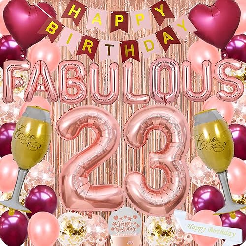 Miniatura 1 de Suministros de decoración de cumpleaños número 23 para niñas y mujeres, pancarta de papel rosa burdeos feliz, banda para decoración de pastel, globo