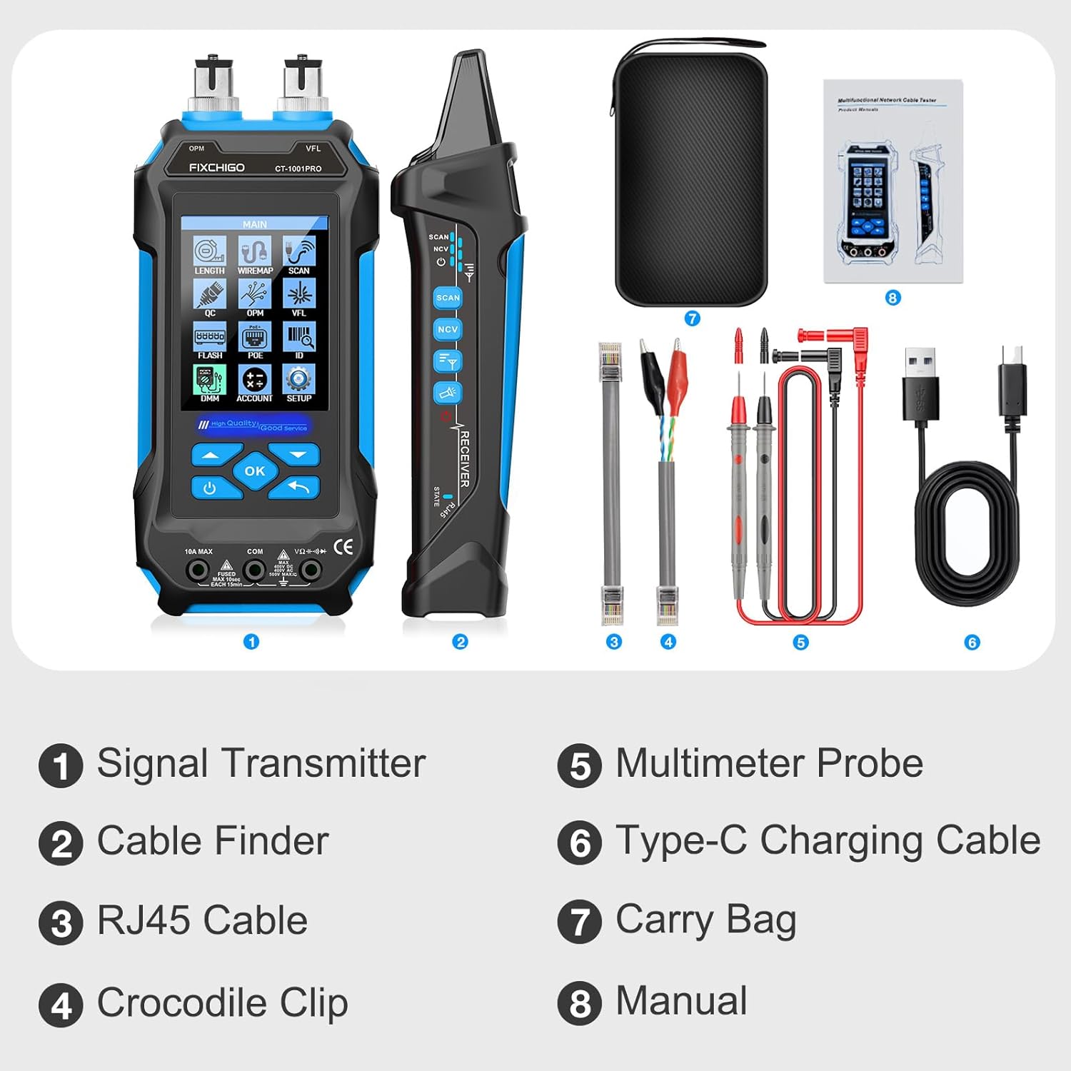 11 In 1 Network Cable Tester with 60000 Digit Multimeter 7 Wavelengths OPM 10Km/10mW VFL 600M Measurable Length 100 Records Tool Kit for CAT5 CAT6 Telephone Ethernet RJ11 RJ45 PoE Wire Tracer NCV,Blue
