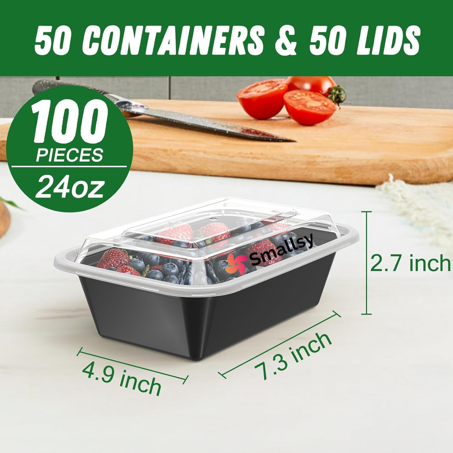 50 Pack (100-Piece) 24 oz Meal Prep Containers Reusable with Lids, Sturdy Leakproof & Food Safe, Microwave, Freezer, Dishwasher Safe Food Prep Containers, To Go Take Out Plastic Storage