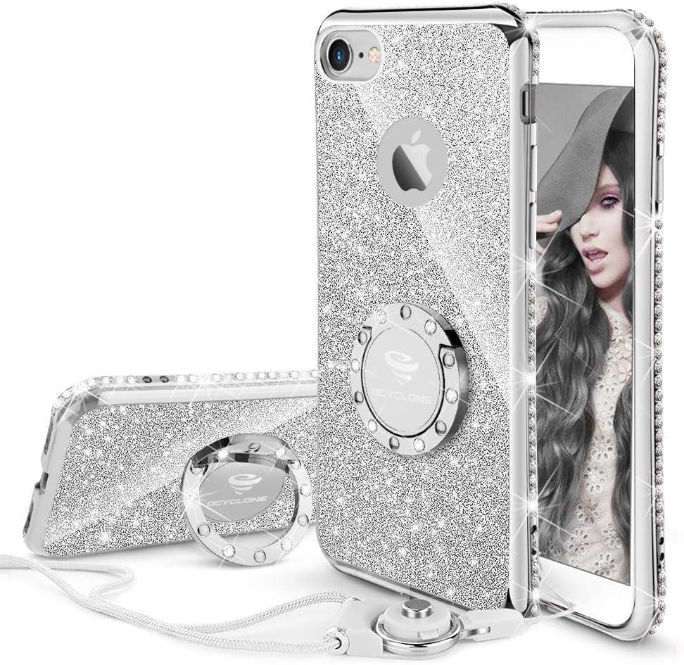 OCYCLONE iPhone 6s Plus Case, iPhone 6 Plus Case, Cute Glitter Luxury Bling Diamond Rhinestone Bumper with Ring Kickstand Protective Girly iPhone 6s Plus 6 Plus Case for Women Girl - Silver