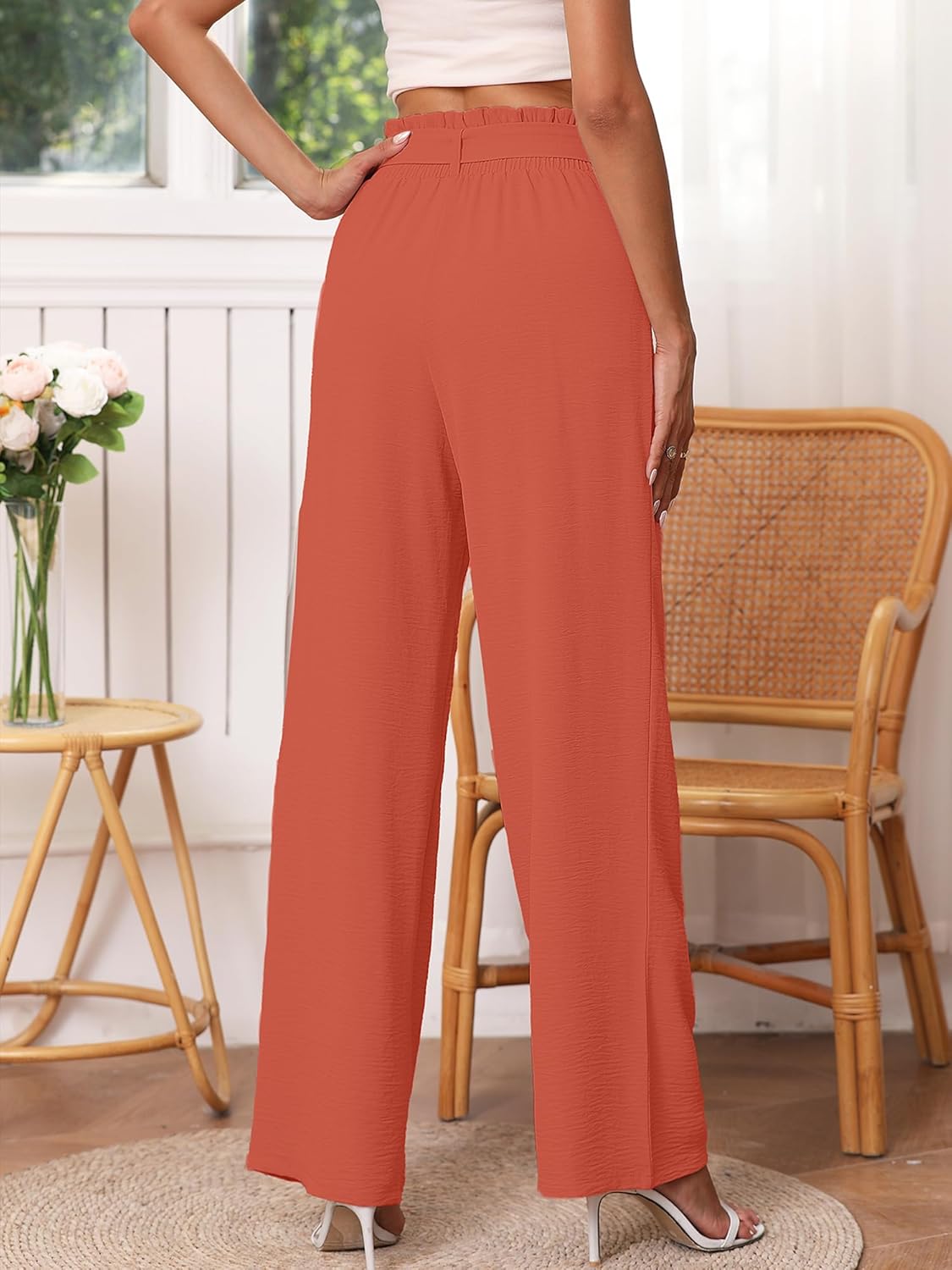 Heymoments Women's Wide Leg Lounge Pants with Pockets Lightweight High Waisted Palazzo Adjustable Tie Knot Flowy Trousers - Image 3