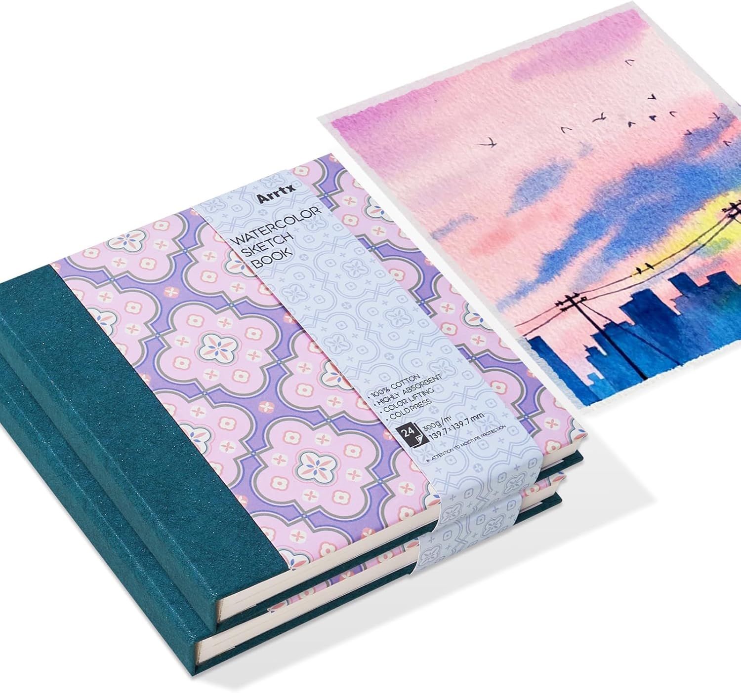 2 Pack Arrtx Square Watercolor Sketchbook, 5.47x5.47'', 140 LB, 300 GSM, 100% Cotton Paper, Cold Press, 48 Sheets, Hardcover Watercolor Journal for Use As Travel Notebook for Artists Adults Students