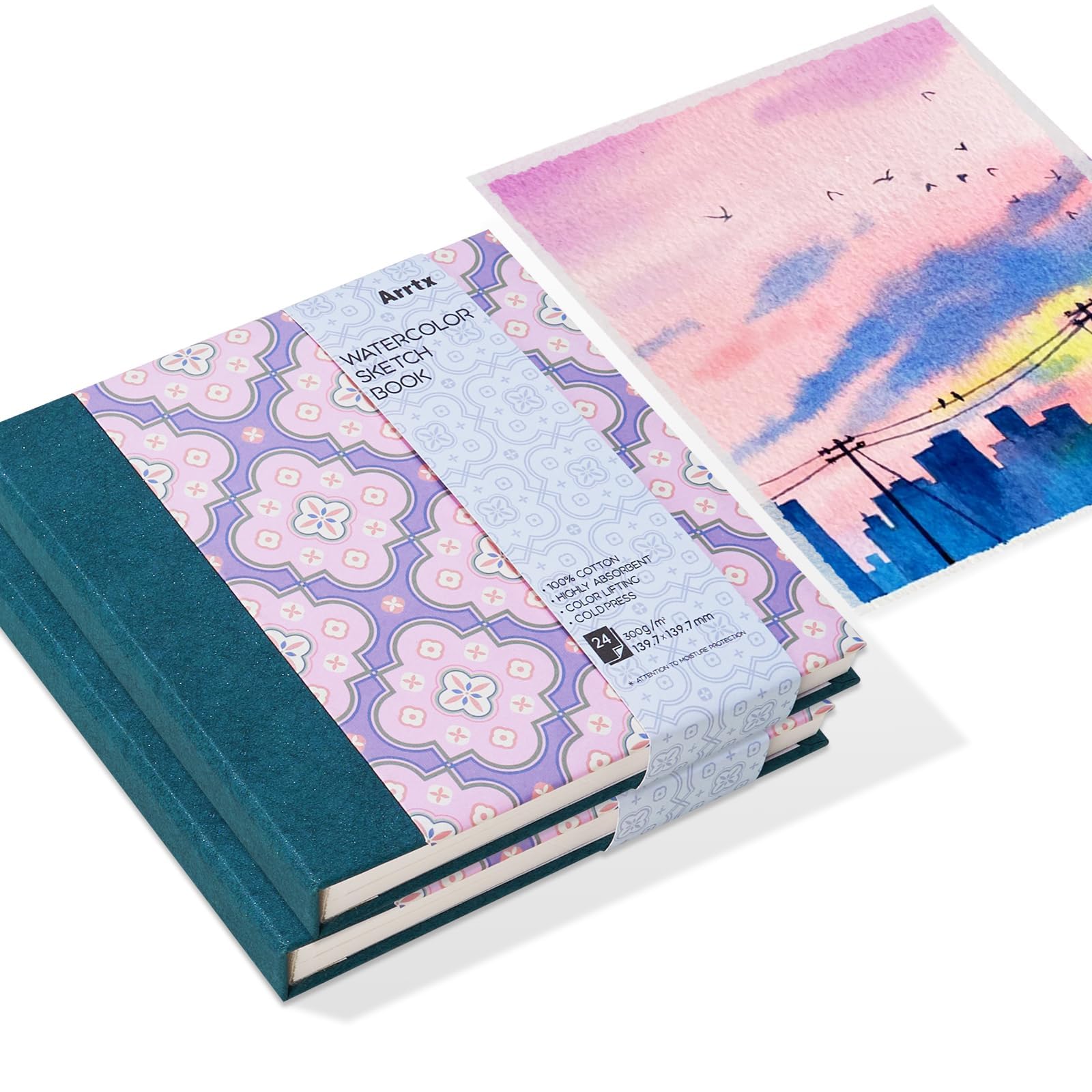 Arrtx - Paquete de 2 cuadernos de bocetos cuadrados de acuarela, 5.47 x 5.47 pulgadas, 140 libras, 300 GSM, papel 100% algodón, prensa en frío, 48 hojas, diario de acuarela de tapa dura para uso como