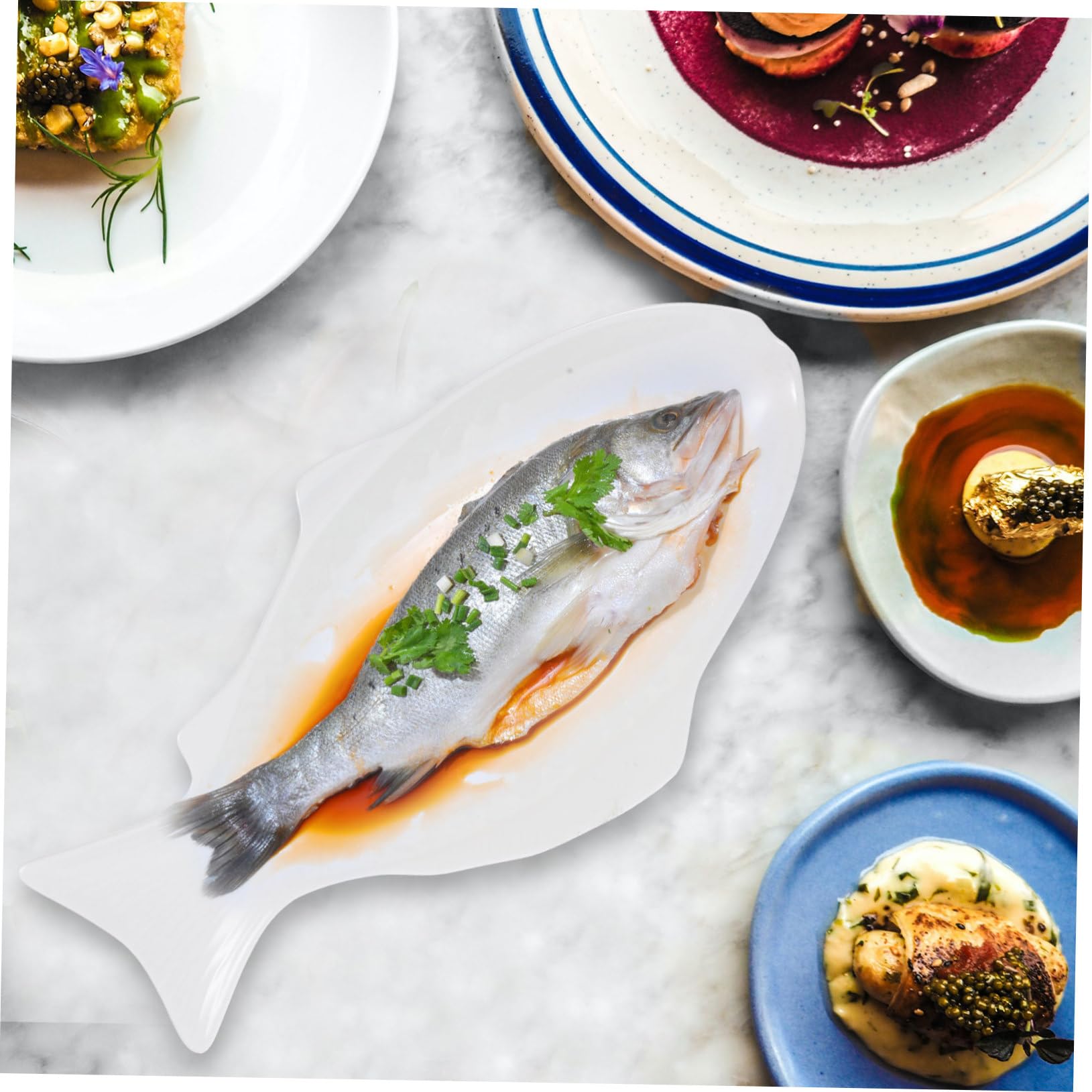Plato de Pescado al Vapor de Cerámica Blanco, Diseño Único | Plato de Cerámica para Pescado, Forma de Pez, Ligero y Multifunción, para Mariscos y Aperitivos