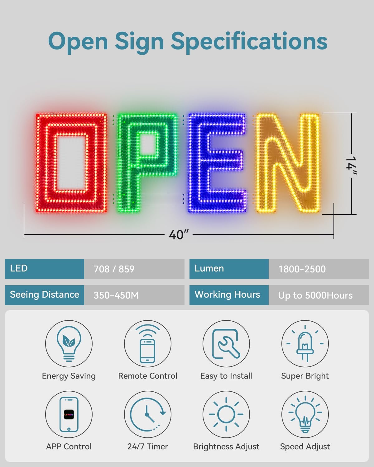 40"x14" Large LED Open Sign with Bluetooth, Remote & Timer Control – Super Bright Dimmable Business Sign for Storefront, Bar, Salon, Cafe, Retail Shops RGBY