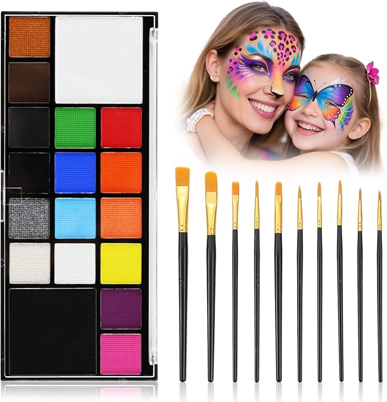 Face Body Paint Kit for Kids Adults, Non-Toxic 18 Colors 10 Brushes | Water-Activated &Skin-Safe Face Painting Kit,Washable &Versatile Facepaint Palette for Halloween Makeup Cosplay Costume Party