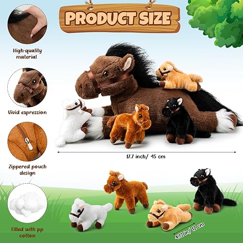 Miniatura 2 de Lenwen 5 piezas de animales de peluche grandes, mamá caballo de peluche con 4 bebés en cremallera para nutrir el vientre, juego de juguetes para