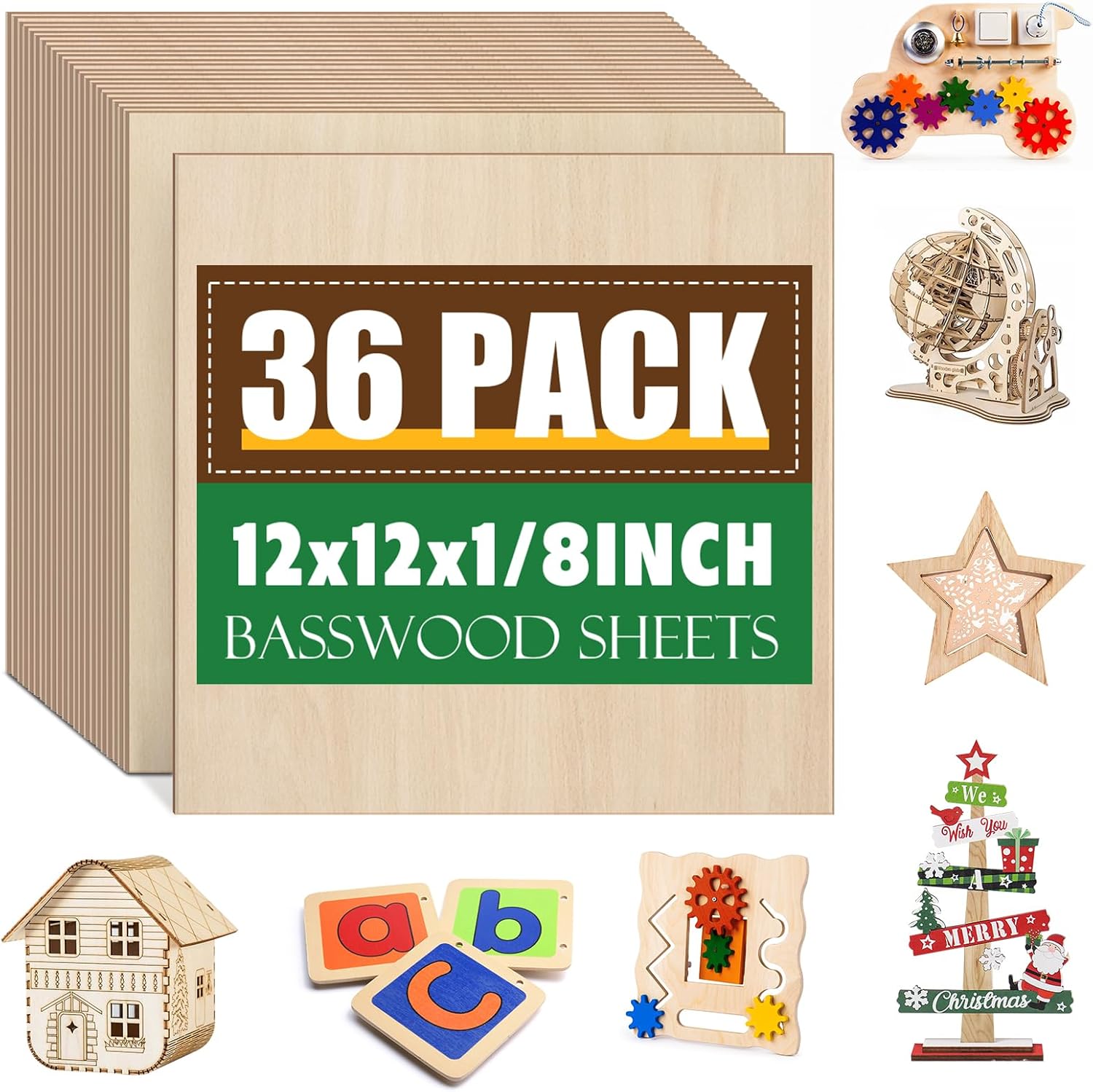36 Pack 12x12 Basswood Sheets 1/8 Inch, Unfinished Wood for Crafts, Basswood for Laser Cutting & Engraving, Wood Burining, Basswood Plywood Sheets for Architectural Models.