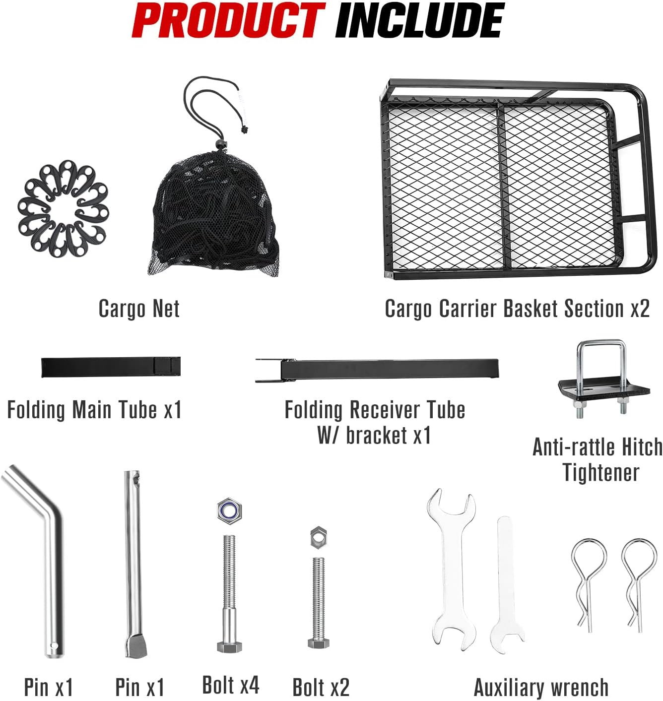 FIERYRED Folding Cargo Carrier Luggage Basket Trailer Hitch Cargo Carrier Basket with Cargo Carrier Net & Hitch Stabilizer,500 LBS Capacity, Fit 2" Receiver for SUV, Truck, Car : Automotive