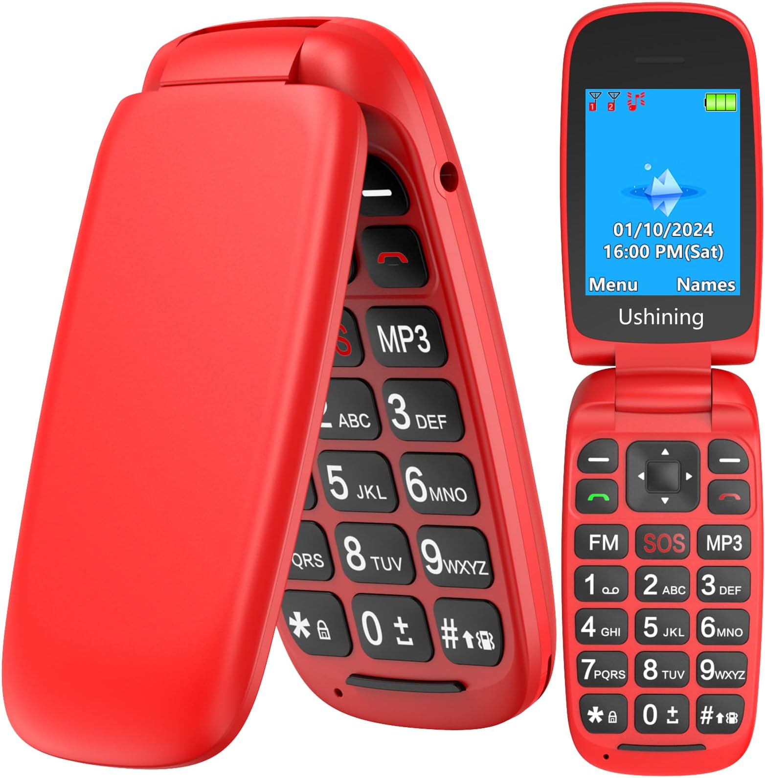 USHINING Unlocked GSM Flip Mobile Phone Big Button Easy to Use,SIM Free Pay as You Go Phones,Classical & Durable (Red)
