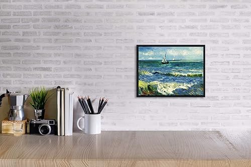 Miniatura 2 de Wieco Art Lienzo enmarcado para pared, diseño de paisaje marino en Saintes Maries por Vincent Van Gogh, impresiones de lienzo giclée modernas,