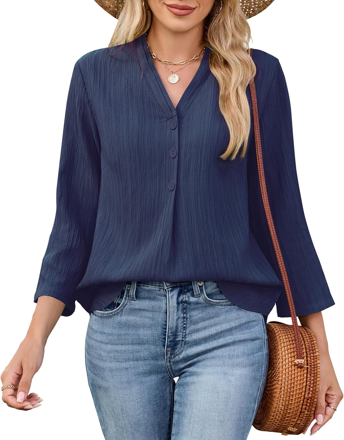 3/4 Length Sleeve Womens Tops 2025 Summer Trendy Shirts V Neck Button Textured Blouse Curved Hem