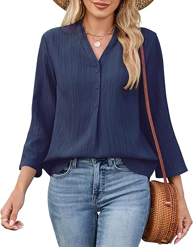 Quatrefox 3/4 Length Sleeve Womens Tops 2025 Summer Trendy Shirts V Neck Button 